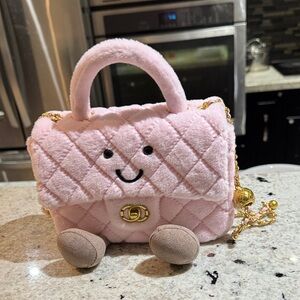 Quilted Plush Mini Top-Handle Bag in Light Pink with Gold Hardware